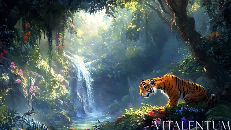 Tiger positioned near jungle waterfall amid dense foliage.