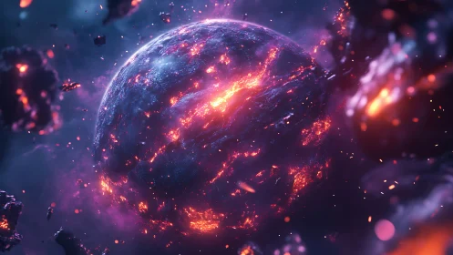 Volcanic planetary body with molten fissures in space.