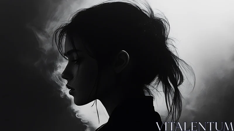 Monochrome female profile silhouette in dramatic backlit smoke