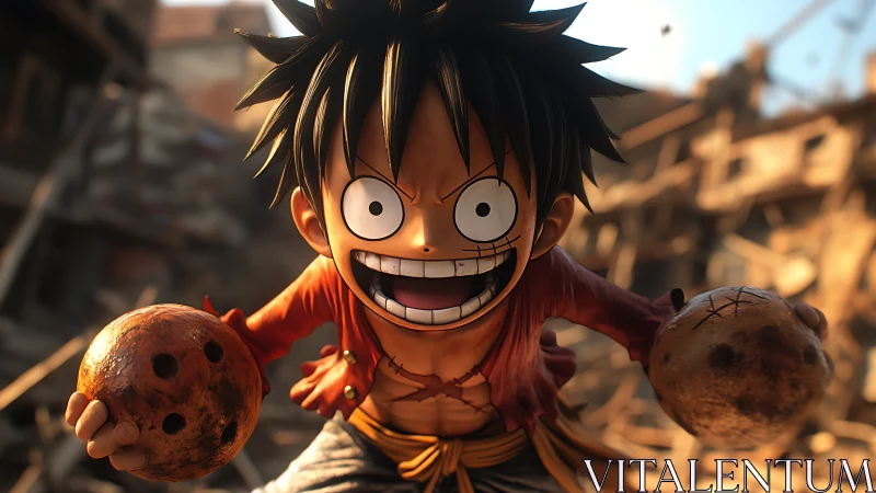 Energetic stylized boy lunges forward holding worn spheres.