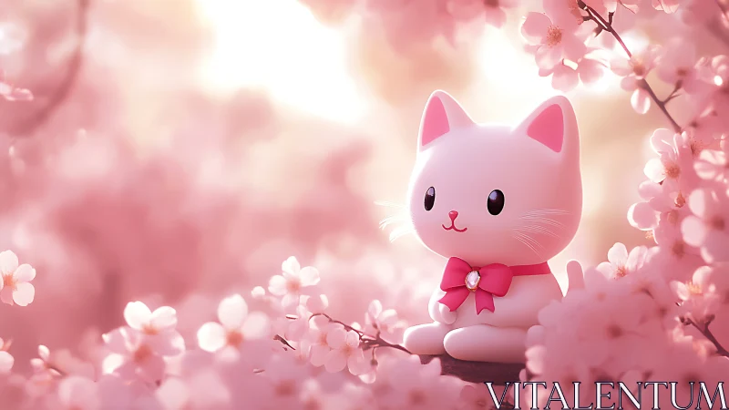 Pink cat figurine sits amid glowing cherry blossoms