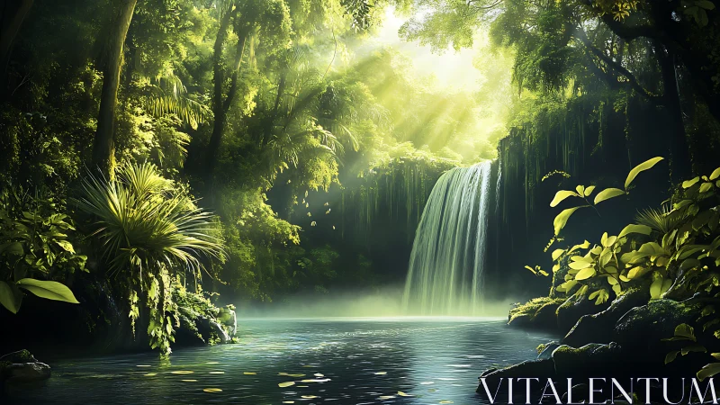 Jungle waterfall with cascading water flowing into turquoise pool.