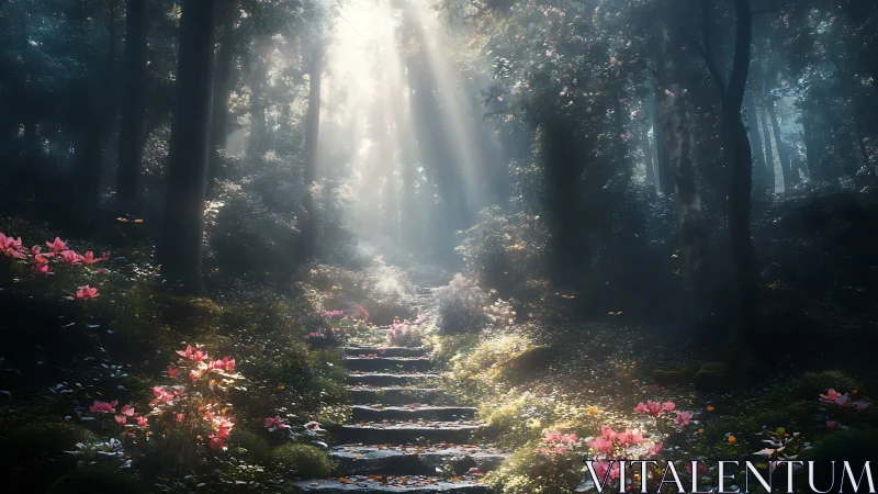 Sunlit Forest Path with Pink Flowering Azaleas.