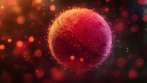 Glowing red cricket ball drifting through dreamy golden light.