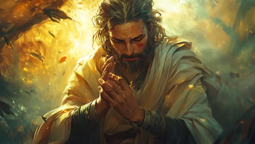 Solitary robed man prays amid radiant swirling light.