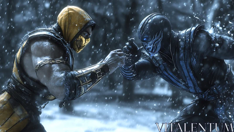 Two armored fighters clash in snowy, cinematic close combat