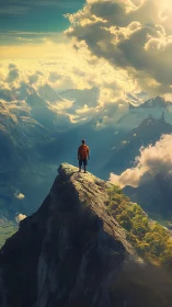 Figure stands on high rocky peak above clouded valley