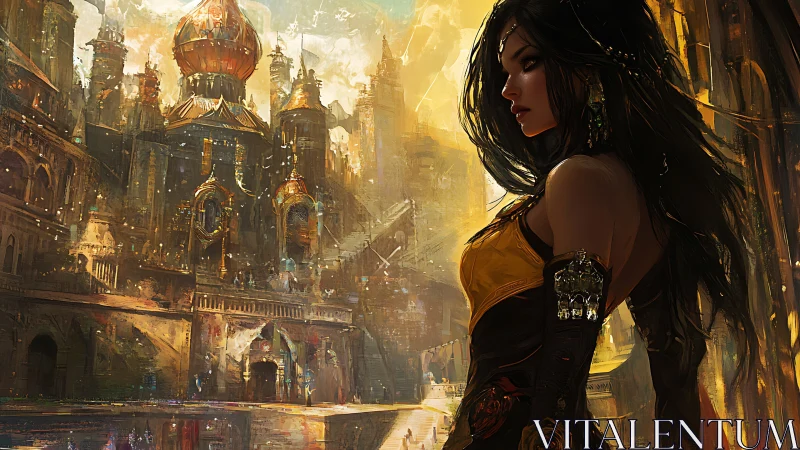 Warrior woman before sunlit brass domes in fantasy citadel