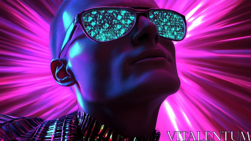 Futuristic neon portrait with reflective digital glasses.