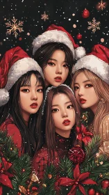 Four women in Santa hats pose amid decorated foliage