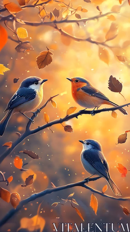 Three small birds perch on branches amid falling autumn leaves