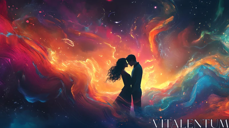 Silhouetted couple embracing in vibrant cosmic energy vortex.