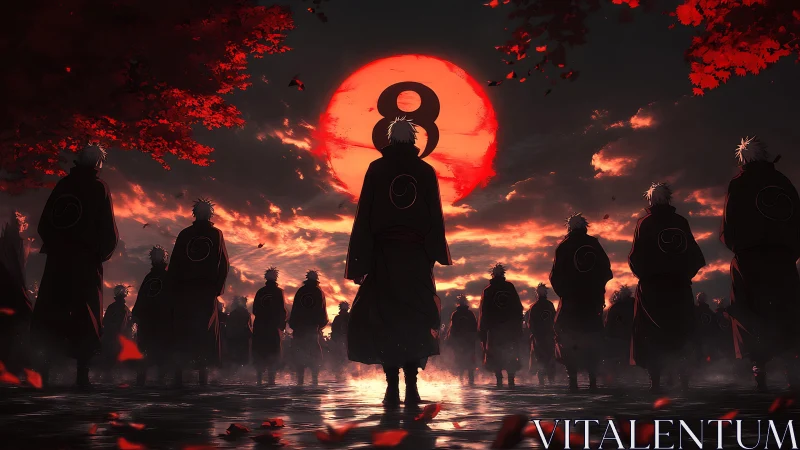 Red moon cult silhouettes under burning twilight sky.