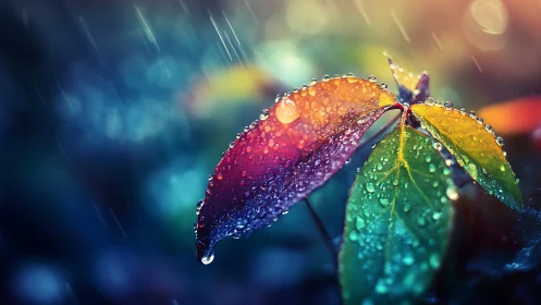 Multicolored leaves hold raindrops under shallow focus