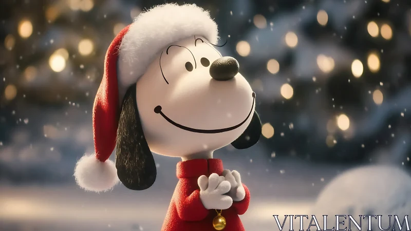 Smiling cartoon dog in Santa hat enjoys soft winter snowfall
