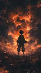 Silhouette of lone figure before dense fiery sky field.