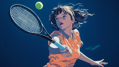 Anime tennis player lunges forward for dynamic forehand shot.