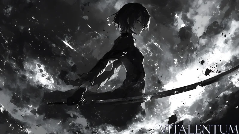 Monochrome katana wielder framed by high contrast ink storm