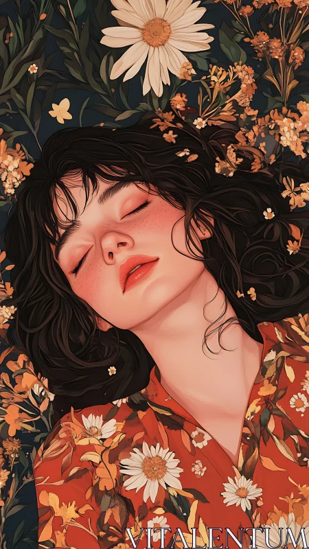 Woman with closed eyes lies in dense orange floral field