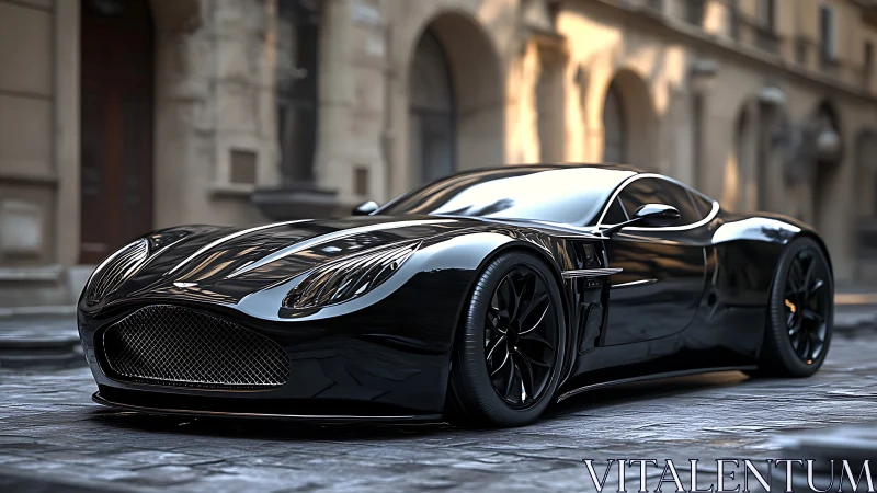 Sleek black supercar glides confidently through quiet city streets