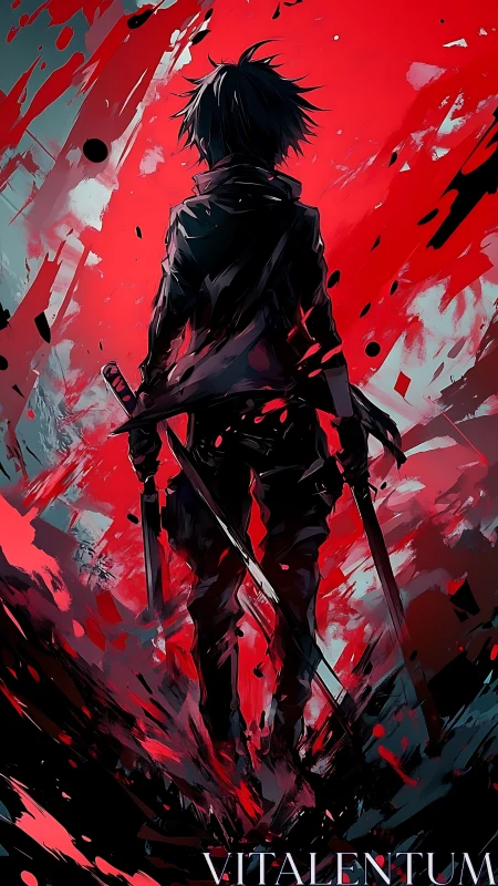 Silhouetted swordsman stands in front of chaotic red backdrop