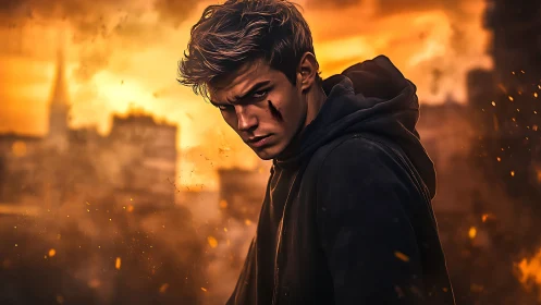 Brooding youth framed by embers in cinematic orange inferno.