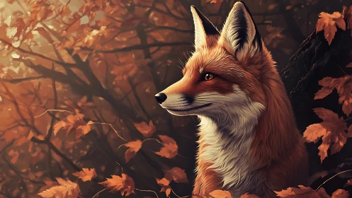 Autumn woodland red fox portrait in warm diffused backlight