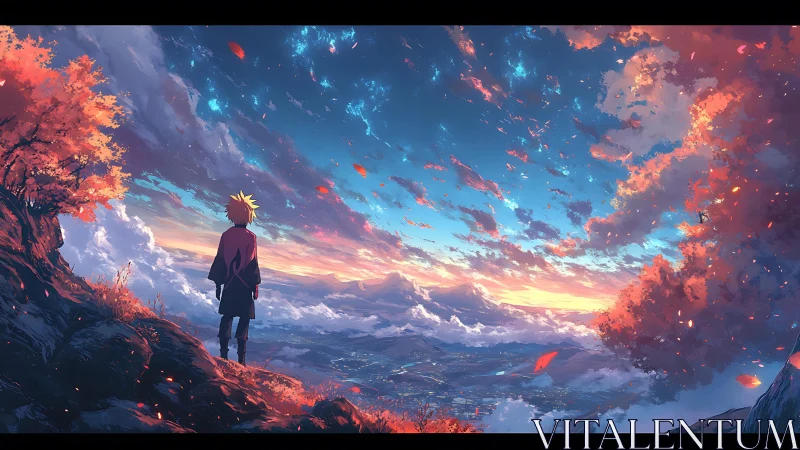 Solitary wanderer gazes over a glowing valley sky