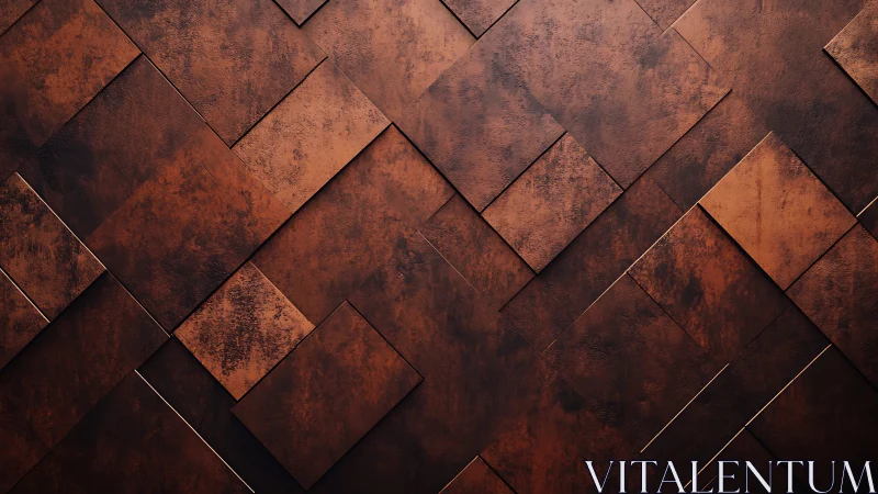 Layered rusted metal panels forming geometric pattern.