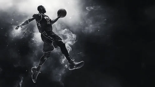 Monochrome basketball dunk silhouette in dramatic backlight.