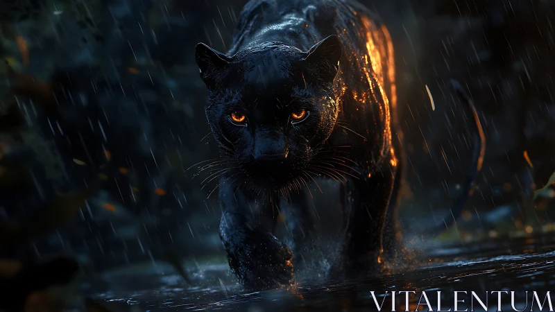 Black Panther in Rain: Digital Wildlife Illustration.