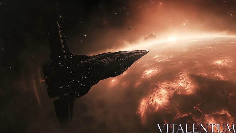 Large spacecraft travels above turbulent glowing star surface