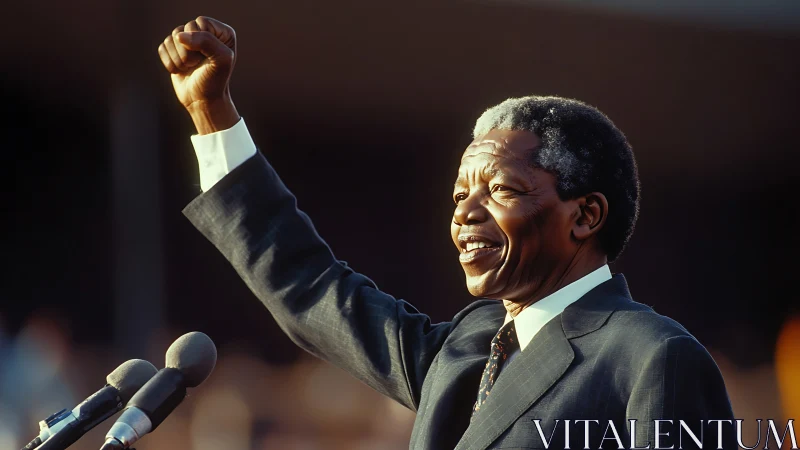 Elder statesman raises clenched fist during public address.