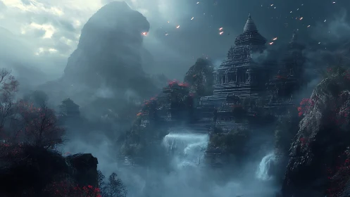 Stormlit temple citadel beneath the slumbering stone colossus.