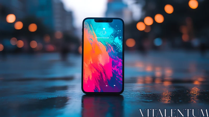 Neon Smartphone Display Against Urban Evening Ambiance.