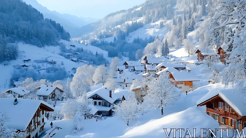 Snow covered alpine village in a quiet winter valley.