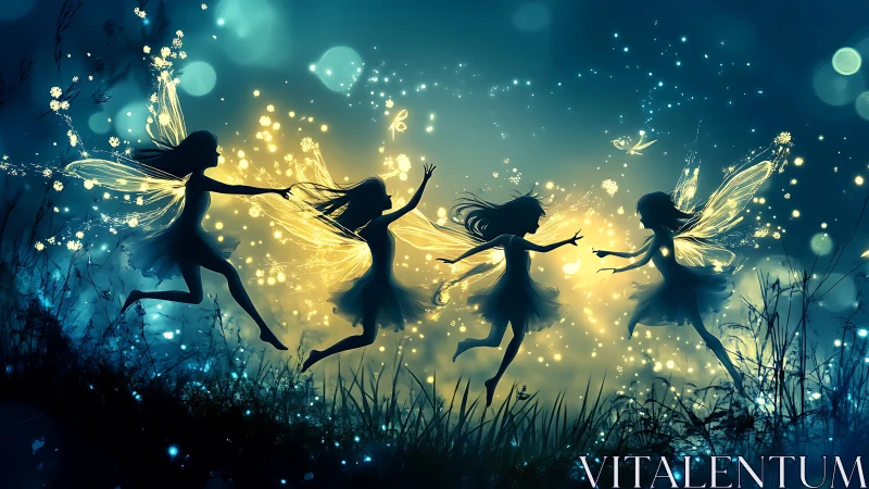 Four glowing fairies dancing in a luminous night meadow.