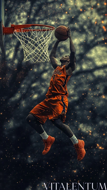 Digital painting of dynamic basketball dunk in cosmic arena.