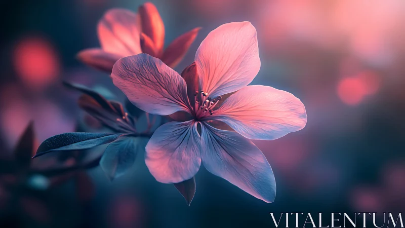 Delicate pink flower with soft-focus foliage rendered in digital medium.