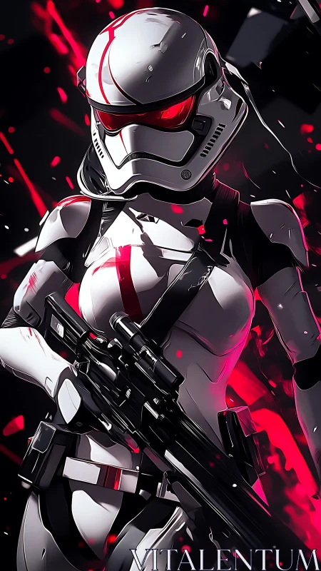 Futuristic armored trooper advances through red neon shards.