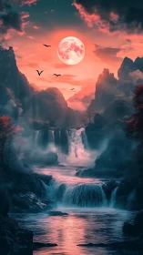 Crimson moon over misted waterfalls and shadowed cliffs.