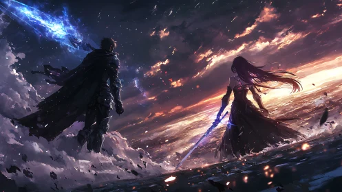 Two armed figures face off amid stormy sky and glowing sea