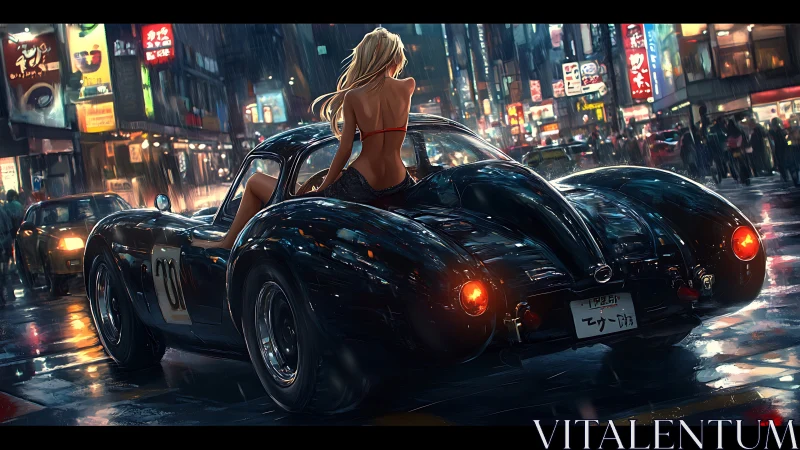 Blonde woman on vintage supercar pauses in neon city rain