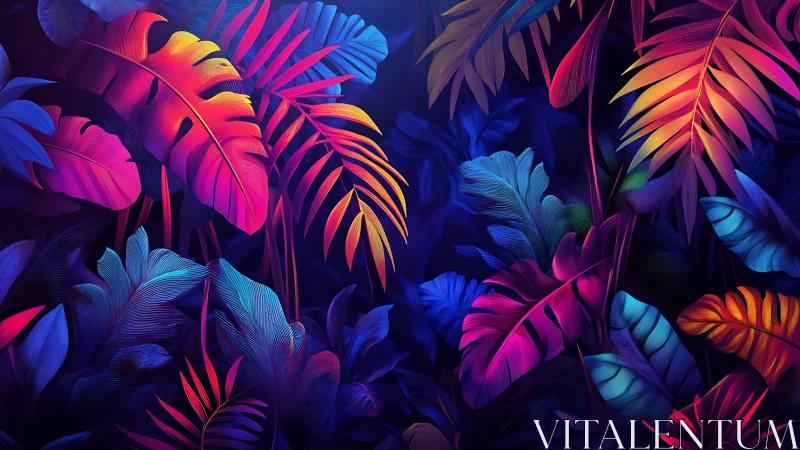 Neon tropical foliage in saturated gradient jungle palette.