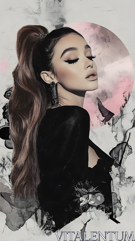 Digital portrait of woman before abstract pink circle.