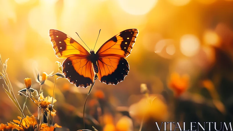 Backlit orange butterfly in shallow-depth meadow under golden bokeh