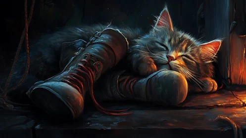 Striped Warrior: Cat's Industrial Dream Among Glowing Pipes.