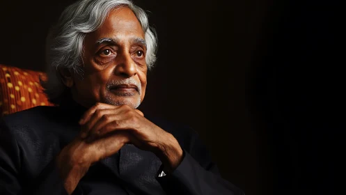 Silver-haired elder in contemplative glow of quiet memory.