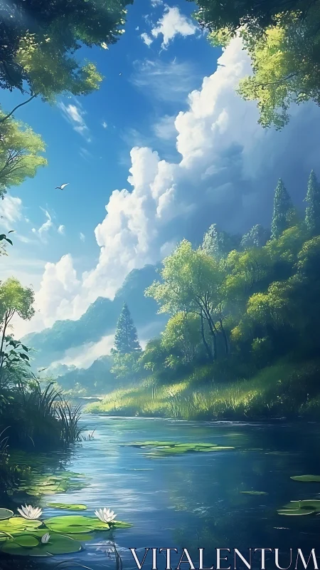 Sunlit forest river flows beneath towering summer clouds