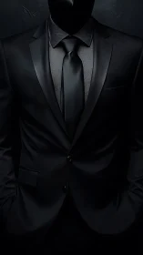 Monochrome faceless figure in tailored black satin suit.